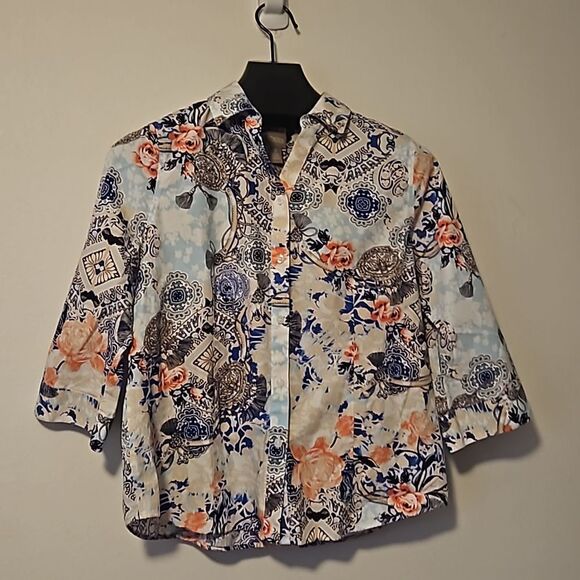 Chico’s 100% Linen Non-Iron Floral Loop-Back Tunic Button Up Shirt Chico's 2 (L) - Picture 1 of 5